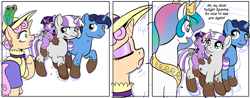 Size: 1000x390 | Tagged: safe, artist:muffinshire, night light, princess celestia, smarty pants, twilight sparkle, twilight velvet, oc, alicorn, pony, comic:twilight's first day, comic, dirty, filly, mud, wip