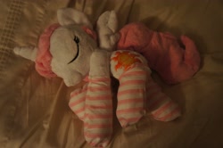 Size: 4592x3056 | Tagged: safe, artist:jessikitt-e, princess celestia, clothes, irl, photo, plushie, sleeping, socks, striped socks