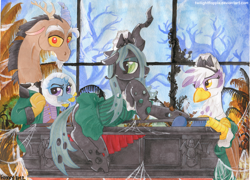 Size: 1250x900 | Tagged: safe, artist:foxxy-arts, derpibooru import, discord, gilda, queen chrysalis, trixie, changeling, changeling queen, cockatrice, griffon, disney, disney world, disneyland, the haunted mansion