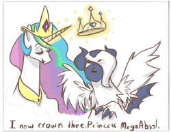 Size: 1500x1158 | Tagged: safe, artist:romaniz, princess celestia, alicorn, pony, absol, crossover, crown, magic, mega absol, mega evolution, pokémon, pokémon x and y, telekinesis