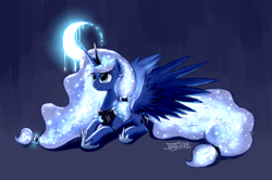 Size: 2071x1378 | Tagged: safe, artist:junkiekb, princess luna, alicorn, pony, crescent moon, ethereal mane, glow, mane, moon, prone, solo