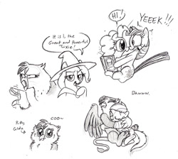 Size: 1000x896 | Tagged: safe, artist:mickeymonster, derpibooru import, gilda, pinkie pie, rainbow dash, trixie, twilight sparkle, earth pony, griffon, pegasus, pony, book, female, fluffy, gildadorable, gildash, hug, lesbian, monochrome, pinkie being pinkie, shipping, traditional art