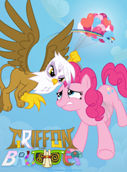 Size: 3000x4071 | Tagged: safe, artist:timon1771, derpibooru import, gilda, pinkie pie, rainbow dash, earth pony, griffon, pegasus, pony, griffon the brush off, balloon, episode posters, poster, title card