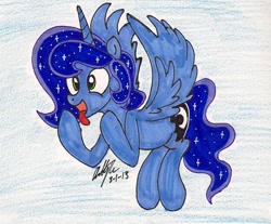 Size: 1169x968 | Tagged: safe, artist:newyorkx3, prince artemis, princess luna, alicorn, pony, cider, flying, male, rule 63, solo, tongue out, traditional art