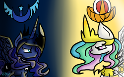 Size: 1024x640 | Tagged: safe, artist:jayivee, princess celestia, princess luna, alicorn, pony, crown, female, horn, mare, siblings, sisters