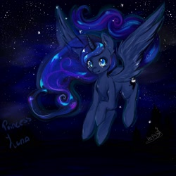 Size: 1800x1800 | Tagged: safe, artist:prodigymysoul, princess luna, alicorn, pony, flying, missing accessory, solo, stars