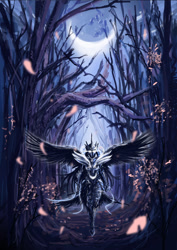 Size: 1024x1448 | Tagged: safe, artist:uzukinokaze, princess luna, armor, badass, forest, glowing eyes, humanized, moon, night, petals, solo, winged humanization