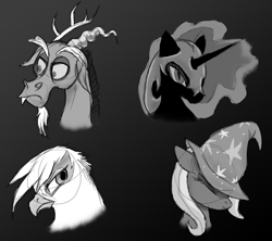 Size: 2234x1982 | Tagged: safe, artist:dawnmistpony, derpibooru import, discord, gilda, nightmare moon, trixie, griffon