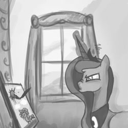 Size: 894x894 | Tagged: dead source, safe, artist:coffeycup, applejack, princess luna, alicorn, earth pony, pony, monochrome, painting