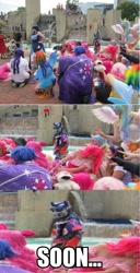 Size: 491x960 | Tagged: safe, pinkie pie, princess celestia, princess luna, rainbow dash, rarity, twilight sparkle, zecora, human, bronycon, caption, clash of hasbro's titans, cosplay, irl, irl human, optimus prime, photo, photobomb, soon, transformers