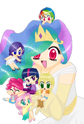 Size: 375x551 | Tagged: safe, artist:cheshirecloud, applejack, fluttershy, pinkie pie, princess celestia, rainbow dash, rarity, twilight sparkle, chibi, humanized