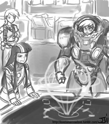 Size: 882x1000 | Tagged: safe, artist:johnjoseco, derpibooru import, gilda, rainbow dash, twilight sparkle, human, cigar, crossover, grayscale, humanized, jim raynor, matt horner, monochrome, powered exoskeleton, smoking, starcraft, tychus findlay