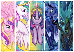 Size: 877x618 | Tagged: safe, artist:reaperfox, princess cadance, princess celestia, princess luna, queen chrysalis, twilight sparkle, twilight sparkle (alicorn), alicorn, changeling, changeling queen, pony, alicorn tetrarchy, female, mare