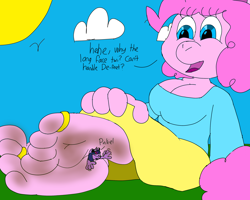 Size: 2500x2000 | Tagged: safe, artist:aswann12, pinkie pie, twilight sparkle, anthro, dirty, feet, female, fetish, foot fetish, foot focus, lesbian, macro, micro, shipping, teasing, twinkie