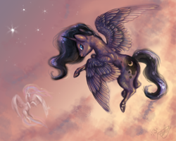 Size: 1280x1024 | Tagged: safe, artist:redtallin, princess celestia, princess luna, alicorn, pony, crown, female, flying, horn, jewelry, mare, regalia, siblings, sisters