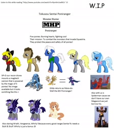 Size: 1872x2096 | Tagged: safe, derpibooru import, derpy hooves, doctor whooves, gilda, mare do well, trixie, oc, oc:jack-o-lantern, oc:meteor venture, oc:whirly willow, bat pony, earth pony, griffon, pegasus, pony, unicorn, fanfic, female, jack-o-lantern, male, mare, night guard, power rangers, spider-man, stallion, super sentai, tachikoma, wip