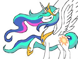 Size: 900x681 | Tagged: safe, artist:thehappychangeling, princess celestia, alicorn, pony, crown, female, horn, mare, multicolored mane, multicolored tail, solo, white coat, white wings, wings