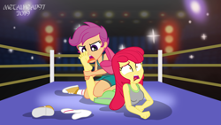 Size: 3999x2249 | Tagged: safe, artist:metalhead97, apple bloom, scootaloo, equestria girls, angry, barefoot, bloomsub, boxing ring, clothes, feet, female, femdom, femsub, fetish, foot fetish, foot worship, licking, licking foot, scootadom, screaming, show accurate, sock, spongebob squarepants, sports, submissive, tanktop, the fry cook games, this is personal, tongue out, wrestling