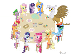 Size: 900x675 | Tagged: safe, artist:finnishgirl97, derpibooru import, apple bloom, applejack, fluttershy, gilda, rainbow dash, rarity, scootaloo, spike, sweetie belle, twilight sparkle, oc, oc:corona muse, oc:harmony star, dragon, earth pony, griffon, pegasus, pony, unicorn, arm behind head, cutie mark crusaders, drinking, eating, female, filly, food, freckles, glowing horn, hooves on the table, horn, magic, mane seven, mare, pie, sitting, smiling, sunglasses, telekinesis