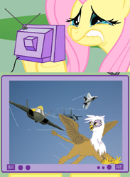 Size: 563x771 | Tagged: safe, artist:jax5485, derpibooru import, fluttershy, gilda, griffon, pegasus, pony, exploitable meme, fluttercry, meme, tv meme