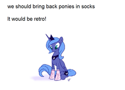 Size: 705x504 | Tagged: safe, princess luna, alicorn, pony, clothes, filly, meta, retro, s1 luna, socks, text, woona