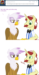 Size: 500x940 | Tagged: safe, artist:ask-flam, derpibooru import, flam, gilda, griffon, ask, tumblr