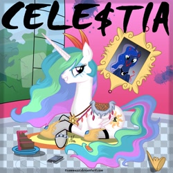 Size: 1024x1024 | Tagged: safe, artist:teammagix, princess celestia, princess luna, alicorn, pony, cake, fishnet stockings, ke$ha, makeup, parody, saddle