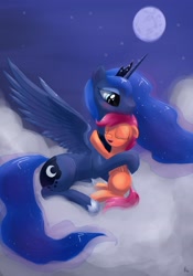 Size: 2646x3785 | Tagged: safe, artist:hieronymuswhite, princess luna, scootaloo, alicorn, pegasus, pony, blushing, cloud, cloudy, cute, duo, eyes closed, female, filly, hug, maternaluna, moon, night, open mouth, prone, scootalove, sitting, smiling, spread wings