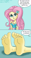 Size: 1280x2363 | Tagged: safe, artist:jfetishstuff, fluttershy, equestria girls, barefoot, clothes, dialogue, dress, eyeshadow, feet, female, fetish, flutterfeet, foot fetish, foot focus, jewelry, makeup, necklace, open mouth, soles, solo, speech bubble, thought bubble, toes