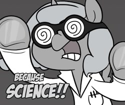 Size: 665x561 | Tagged: safe, artist:egophiliac, edit, princess luna, alicorn, pony, cute, doctor woonsano, dr. insano, goggles, grayscale, monochrome, moonstuck, science, science woona, solo, woona