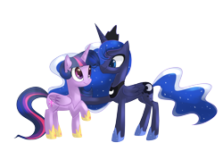 Size: 3100x2100 | Tagged: safe, artist:kaji-tanii, princess luna, twilight sparkle, twilight sparkle (alicorn), alicorn, pony, female, mare, raised hoof, simple background