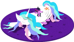 Size: 525x300 | Tagged: safe, artist:creudence, princess celestia, twilight sparkle, alicorn, pony, cute, cutelestia, filly, messy mane, messy tail, momlestia, sleeping, sweet dreams fuel, twiabetes, wing blanket