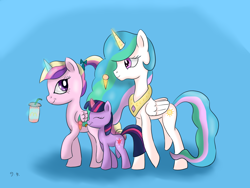 Size: 1024x768 | Tagged: dead source, safe, artist:gorriegusta, princess cadance, princess celestia, twilight sparkle, alicorn, pony, auntlestia, drink, female, filly, filly twilight sparkle, ice cream, momlestia, teen princess cadance, trio female