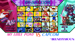 Size: 480x265 | Tagged: safe, artist:ikuntyphoon, derpibooru import, applejack, derpy hooves, fluttershy, gilda, king sombra, nightmare moon, pinkie pie, rainbow dash, rarity, trixie, twilight sparkle, earth pony, griffon, pegasus, pony, unicorn, capcom, character select, crossover, cutie mark crusaders, female, mare, sprite