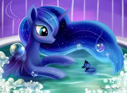 Size: 900x660 | Tagged: safe, artist:incinerater, princess luna, alicorn, pony, bath, bubble, cute, ethereal mane, female, foam, folded wings, horn, moon, rubber duck, smiling, solo, water, wet, wings