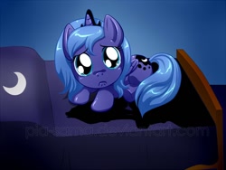 Size: 800x602 | Tagged: safe, artist:pia-sama, princess luna, alicorn, pony, crying, filly, prone, sad, solo, woona