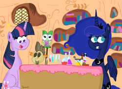 Size: 3299x2396 | Tagged: safe, artist:iguana14, owlowiscious, princess luna, spike, twilight sparkle, alicorn, dragon, pony