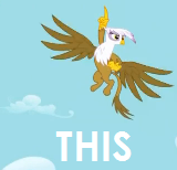 Size: 160x154 | Tagged: safe, derpibooru import, edit, edited screencap, screencap, gilda, griffon, griffon the brush off, caption, cloud, flying, image macro, pointing, reaction image, solo, this