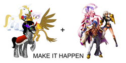 Size: 2000x1000 | Tagged: safe, derpibooru import, gilda, king sombra, prince blueblood, griffon, pony, unicorn, all caps, amane nishiki, azrael, blazblue, blazblue chronophantasma, bullet, exploitable meme, make it happen, meme