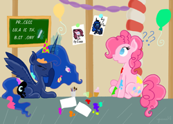 Size: 3381x2438 | Tagged: safe, artist:iguana14, pinkie pie, princess luna, alicorn, earth pony, pony, female, mare