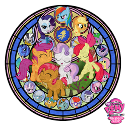 Size: 1280x1280 | Tagged: safe, artist:gturbo5, apple bloom, applejack, babs seed, cheerilee, diamond tiara, fluttershy, pinkie pie, princess celestia, princess luna, rainbow dash, rarity, scootaloo, silver spoon, snails, snips, spike, sweetie belle, tag-a-long, twilight sparkle, twist, zecora, alicorn, dragon, earth pony, pegasus, pony, unicorn, zebra, cutie mark crusaders, dive to the heart, kingdom hearts, logo, mane seven, mane six, my little pony logo, simple background, stained glass, transparent background, vector