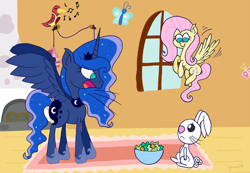 Size: 6779x4704 | Tagged: safe, artist:iguana14, angel bunny, fluttershy, princess luna, alicorn, pegasus, pony, absurd resolution, traditional royal canterlot voice