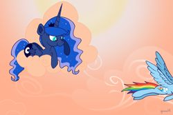 Size: 6683x4476 | Tagged: safe, artist:iguana14, princess luna, rainbow dash, alicorn, pegasus, pony, absurd resolution, cloud, cloudy