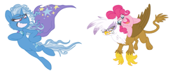 Size: 1511x613 | Tagged: safe, artist:circustent, derpibooru import, gilda, pinkie pie, trixie, earth pony, griffon, pony, grin, smiling