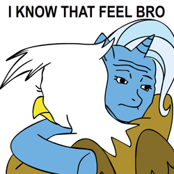 Size: 945x945 | Tagged: safe, derpibooru import, gilda, trixie, griffon, unicorn, feels, hug, i know that feel bro, parody, reaction image, wojak