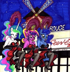 Size: 1696x1738 | Tagged: safe, artist:newyorkx3, princess cadance, princess celestia, princess luna, anthro, plantigrade anthro, can-can, can-can dress, cleavage, clothes, dancing, female, moulin rouge, skirt, skirt lift, stockings, traditional art, windmill, wink
