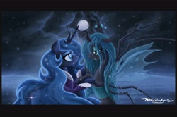 Size: 3307x2199 | Tagged: safe, artist:willisninety-six, princess luna, queen chrysalis, alicorn, changeling, changeling queen, pony, chrysaluna, female, lesbian, moon, shipping