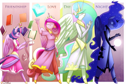 Size: 1350x900 | Tagged: safe, artist:siden, princess cadance, princess celestia, princess luna, twilight sparkle, twilight sparkle (alicorn), alicorn, anthro, unguligrade anthro, alicorn tetrarchy, book, clothes, crystal heart, dress, evening gloves, female, fingerless gloves, gloves, line-up, mare, pants, quartet, quill, scroll, side slit, writing