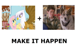 Size: 1146x738 | Tagged: safe, derpibooru import, fluttershy, gilda, griffon, pegasus, pony, 100 deeds of eddie mcdowd, all caps, eddie mcdowd, exploitable meme, jimmy taylor, make it happen, meme, meta