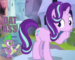 Size: 750x600 | Tagged: safe, edit, edited screencap, screencap, spike, starlight glimmer, dragon, pony, unicorn, the crystalling, caption, dat butt, duckface, female, image macro, male, meme, open mouth, raised hoof, scroll, shipping, sparlight, stare, straight, the ass was fat